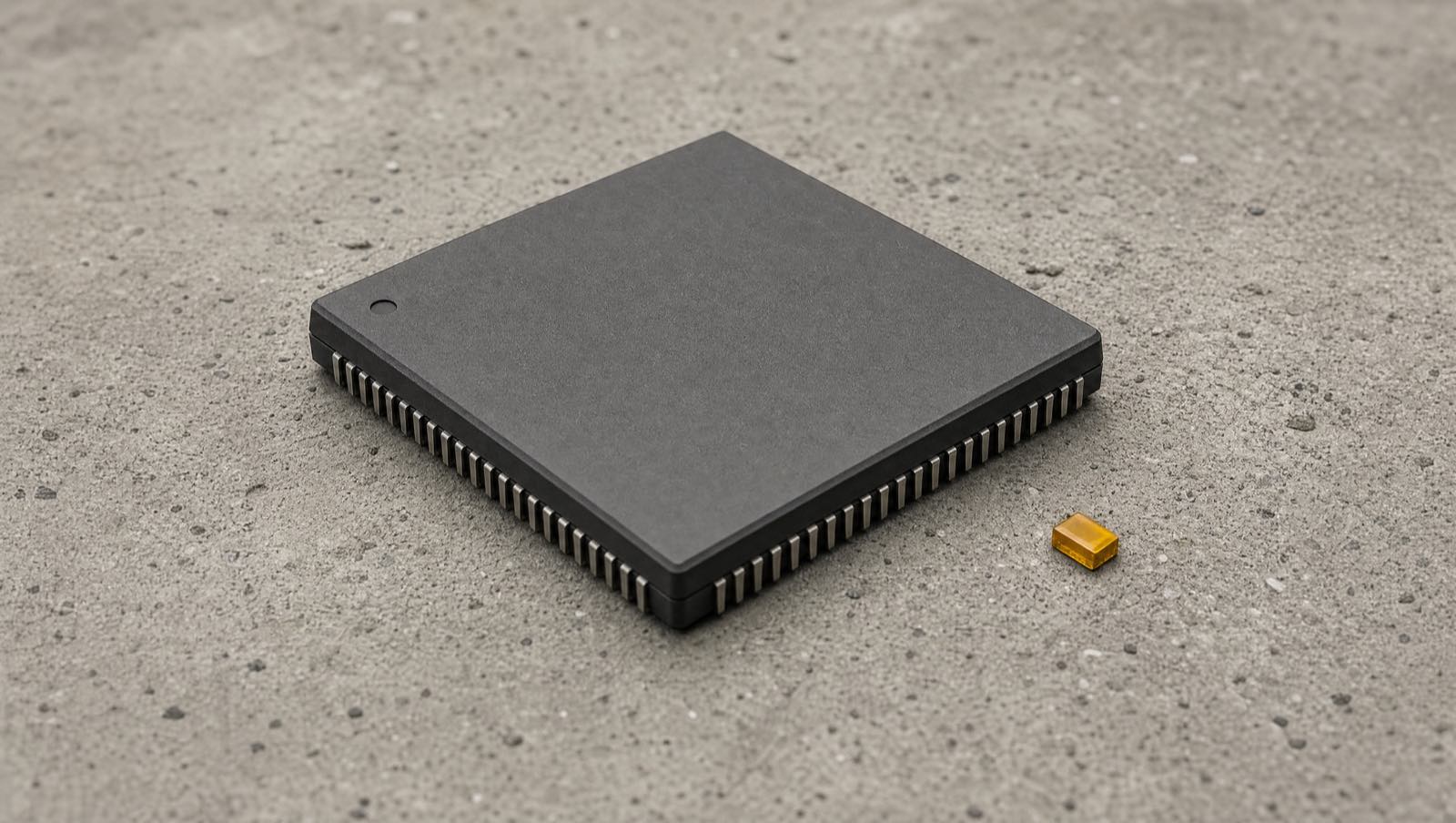 A matte processor package on raw concrete with an amber marker