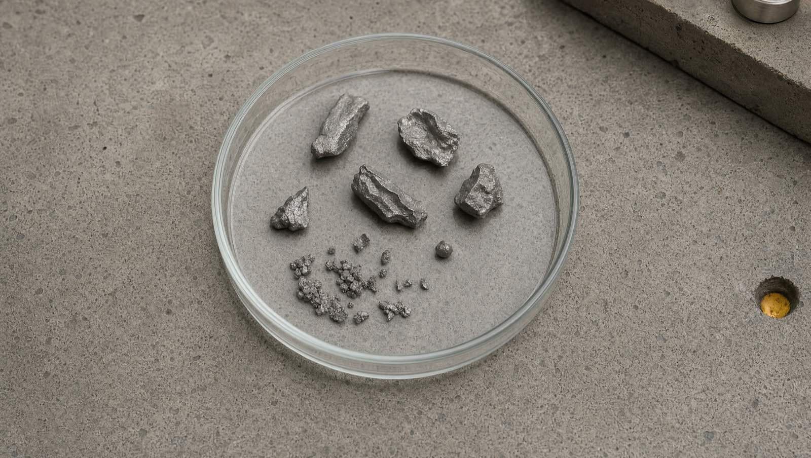 Recovered metal fragments in a glass dish on a concrete bench