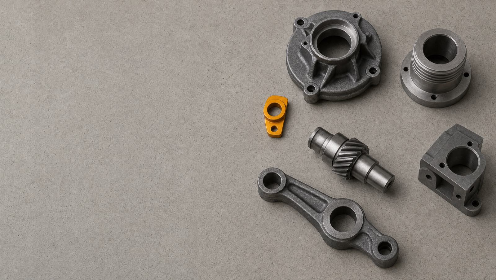 Cast and machined metal parts laid out on poured concrete