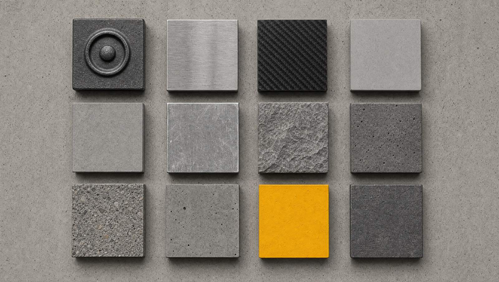 A specimen grid on concrete, exactly one square amber