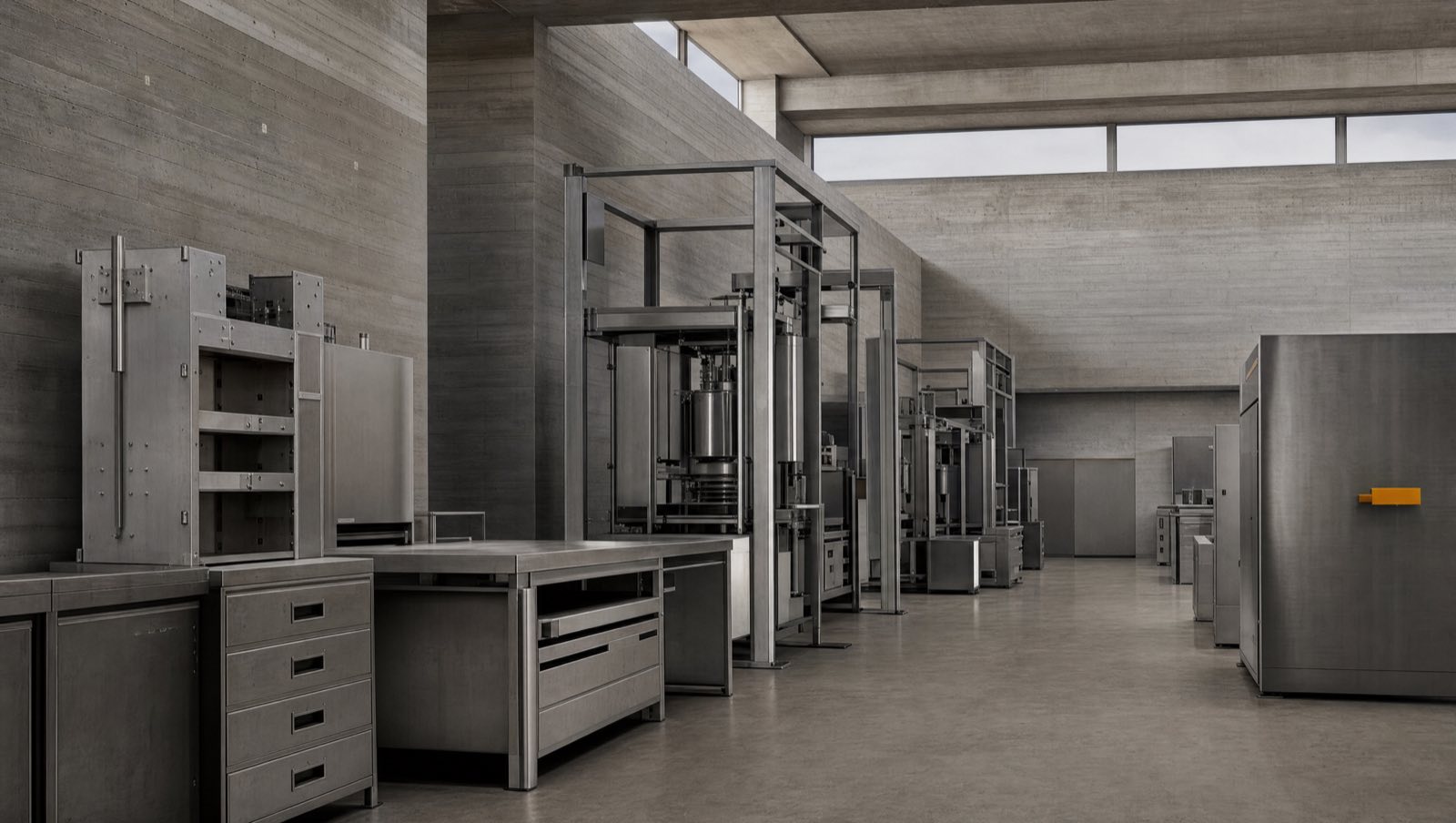 A board-formed concrete research hall with raw steel equipment