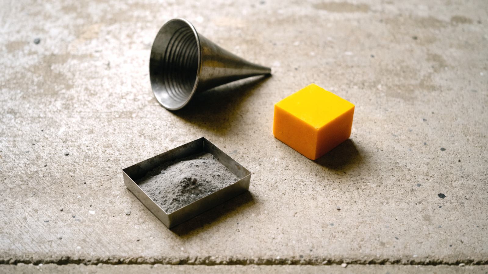 A cast horn reflector beside a tray of fine dust on concrete